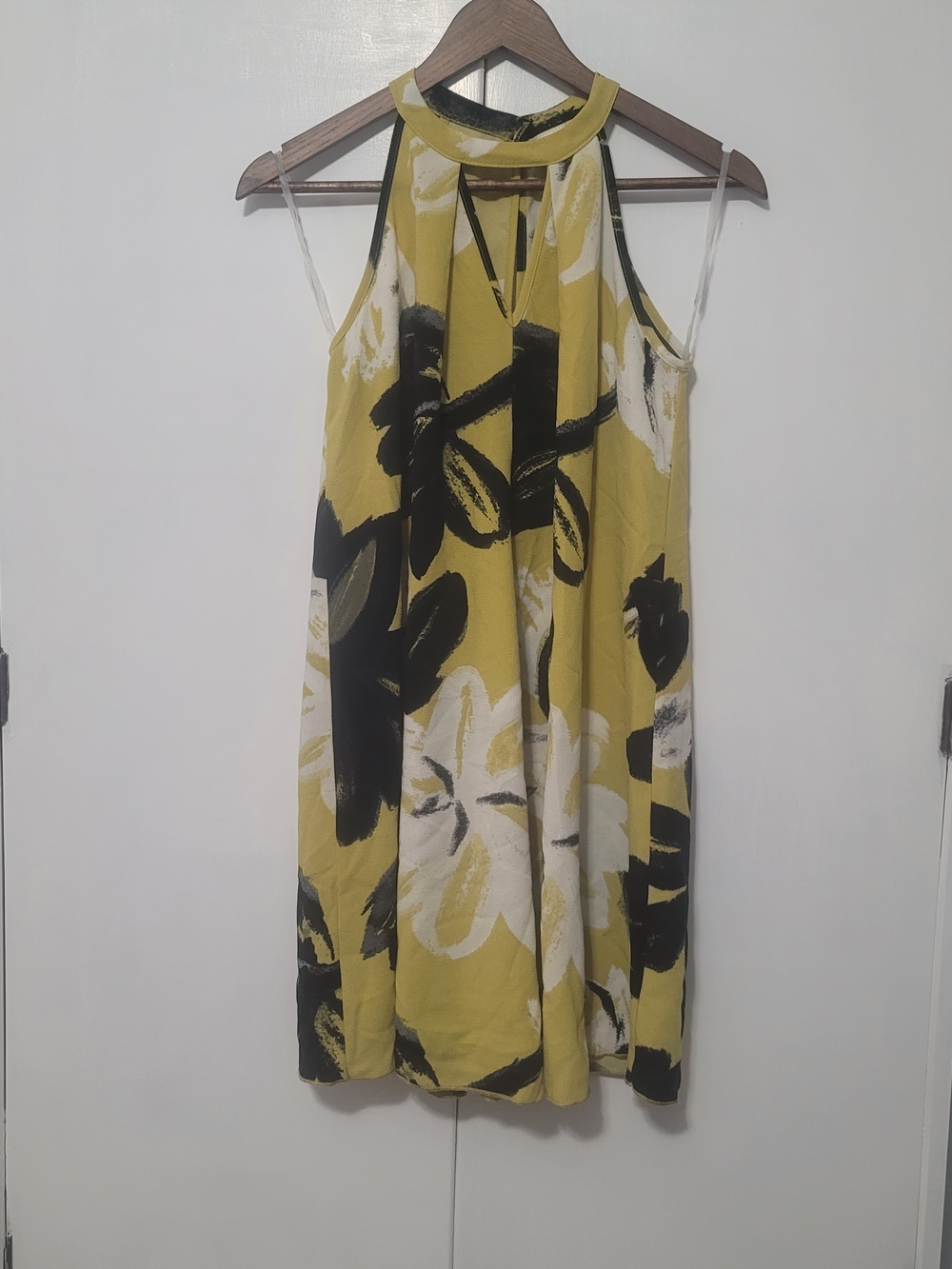 January 7 Yellow Floral Halter Mini Dress with Black & White Print
